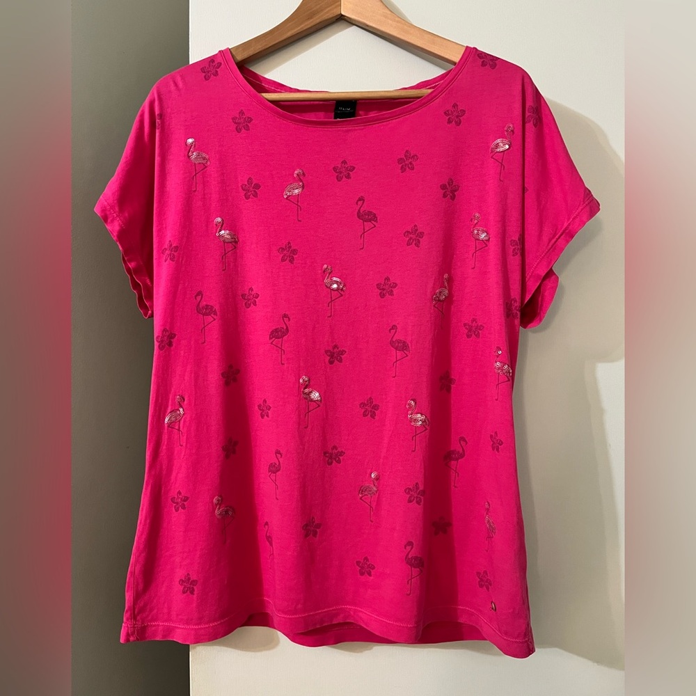 100% Cotton Hot Pink Flamingo Sequin Cap Sleeve Top by Olsen Europe vibrant